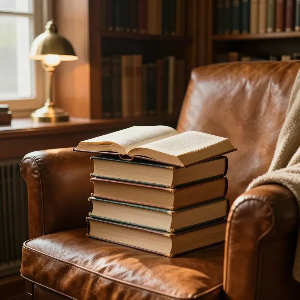 Angolo di biblioteca con libri di filosofia, poltrona in pelle e lampada calda al pomeriggio
