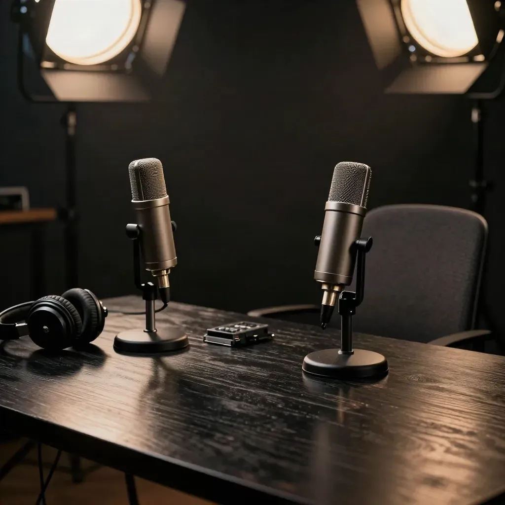 Studio radio buio con due microfoni, cuffie chiuse, registratore e sedia vuota in attesa