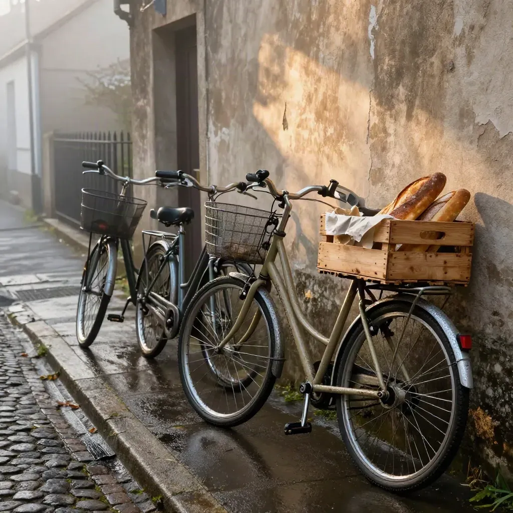 Tre biciclette da pendolari e una cassetta di pane in un vicolo umido all’alba.