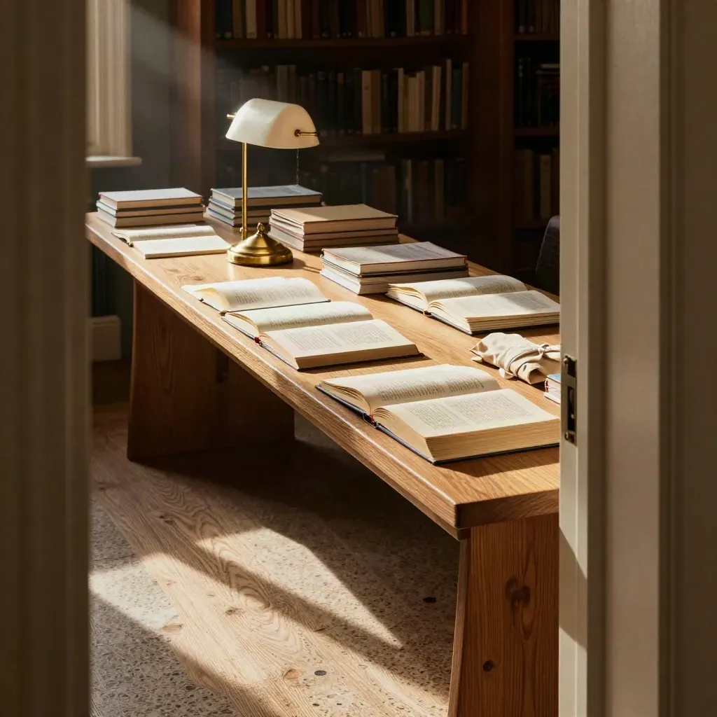 Tavolo di lettura in legno con libri aperti, riviste e lampada in luce calda.