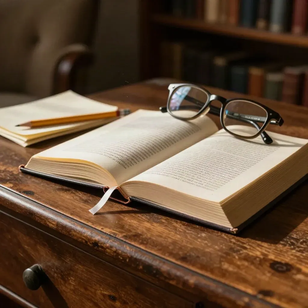 Libro con segnalibro, occhiali e matita su tavolo di legno in luce calda.