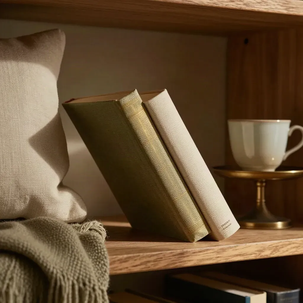 Libro scelto su una mensola, plaid di lana e tazza in una stanza di lettura calda.