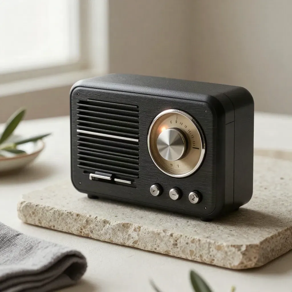 Radio portatile nera su vassoio in pietra con ramoscello d’ulivo e tessuto piegato