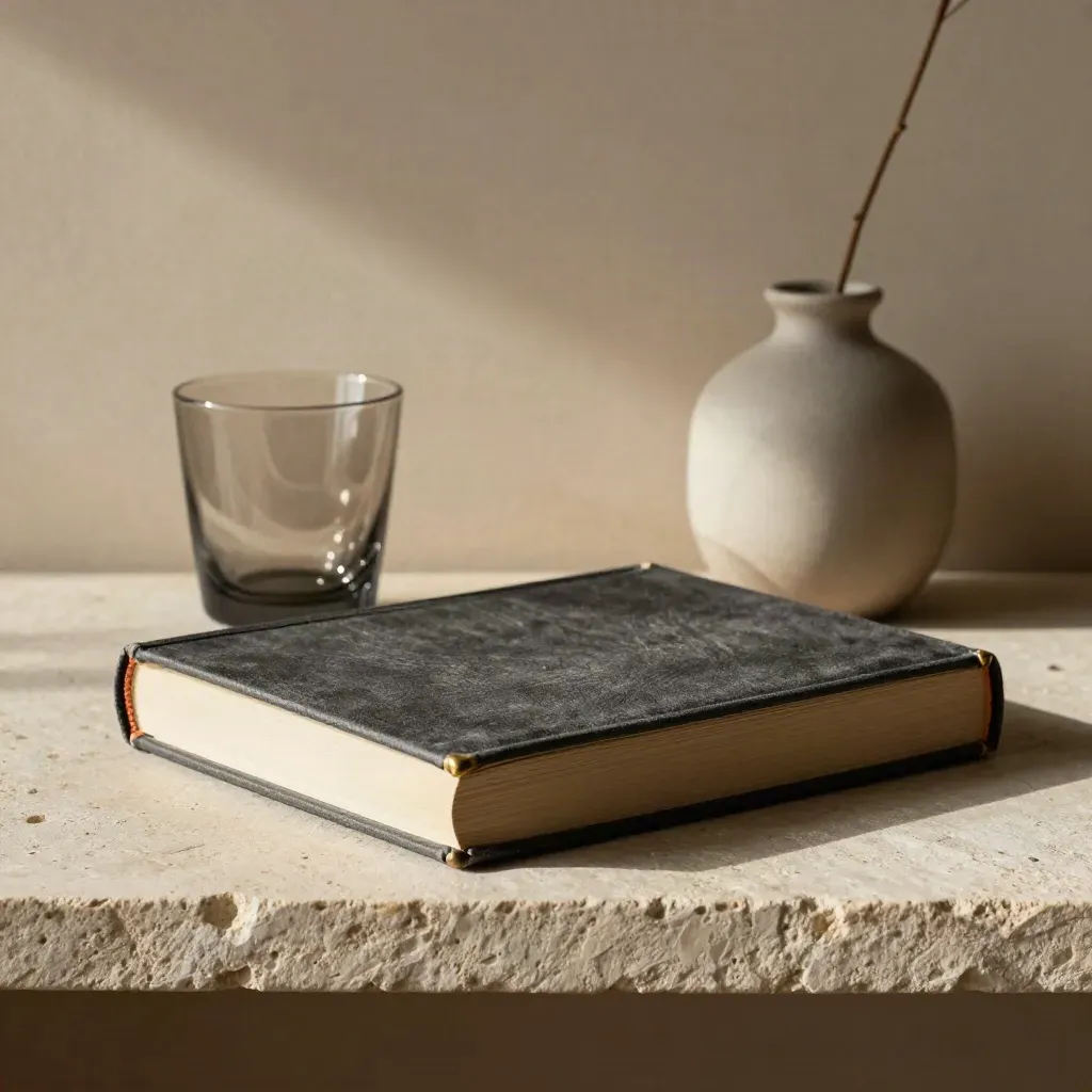 Libro rilegato, bicchiere fumé e un fiore su mensola di pietra, luce morbida.